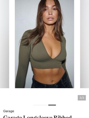 Garage Olive Deep V Ribbed Long Sleeve Crop Top